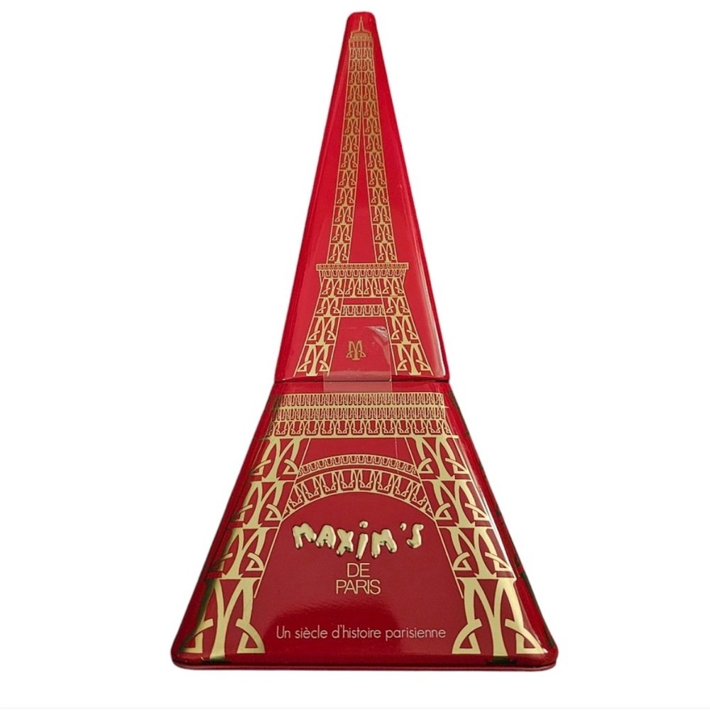 Maxim’s De Paris French Decorative Bookshelf Decor Red Gold Eiffel Tower Tin Box
